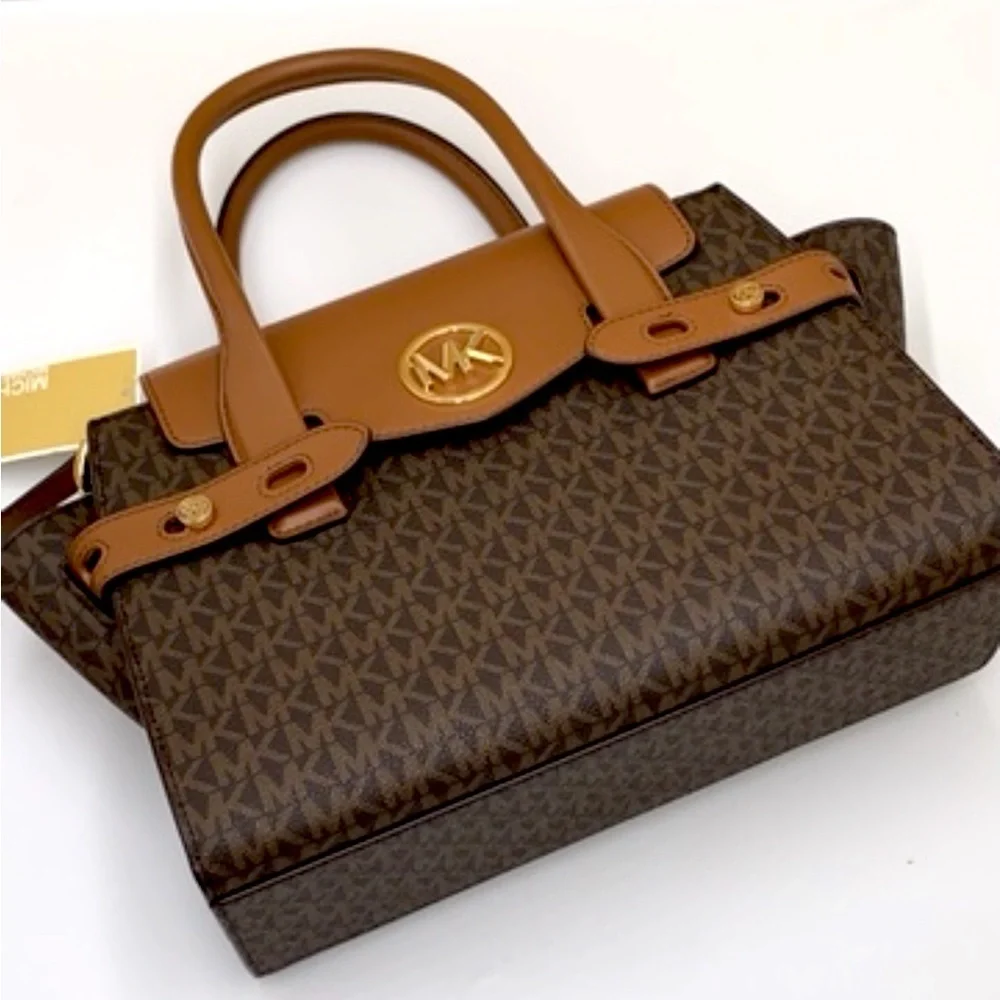 MICHAEL KORS Carmen Medium Faux Leather Belted Satchel Brown Signature color